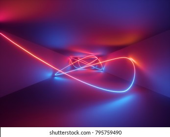 3d Render, Laser Show, Night Club Interior Lights, Red Blue Neon, Abstract Fluorescent Background, Glowing Curvy Lines, Geometric Shapes