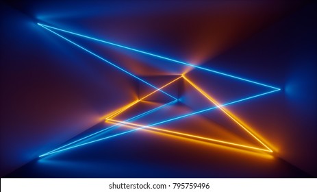 3d Render, Laser Show, Night Club Interior Lights, Blue Yellow Glowing Lines, Abstract Fluorescent Background, Room, Corridor