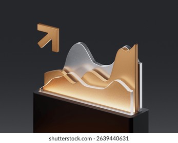 3D render of layered analytics chart with metallic gradient surfaces and upward arrow. Concept for business growth, statistics, finance, and data trends.