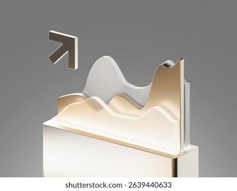 3D render of layered analytics chart with metallic gradient surfaces and upward arrow. Concept for business growth, statistics, finance, and data trends.