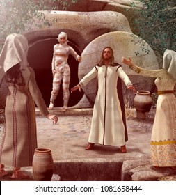 3D render of Lazarus of Bethany and his resurrection by Jesus from the grave, book by John