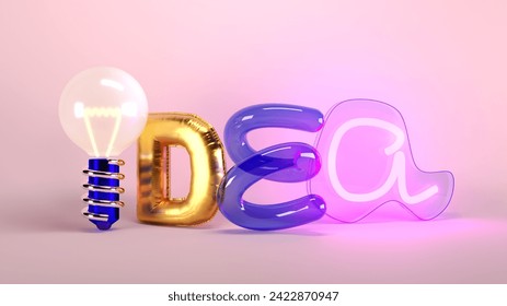 3D render. Letter and light bulb forming word idea against pink background. Creative design. Banner. Advertisement, marketing