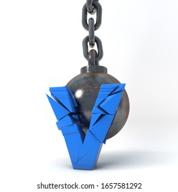 3D render of letter Vbeing destroyed by a wrecking ball