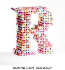 3d render letters made of spheres colorful, Capital letter R built from rainbow cubes, vibrant 3-D typographic object, isolated.