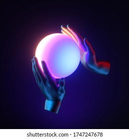 3d render  levitating mannequin hands hold iridescent ball illuminated and red blue neon light  body parts isolated black background  Magical trick  Minimal futuristic concept 