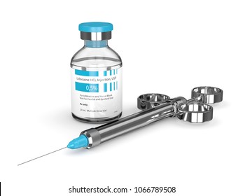 3d render of lidocaine glass vial with syringe isolated over white background. Dental anesthesia concept. Lidocaine is an organic chemical compound used as a local anesthetic