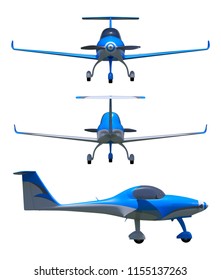 3d Render Of A Light Sport Aircraft. Small General Aviation Plane Model Isolated On White Background. Perspective View. Front, Back, Side.