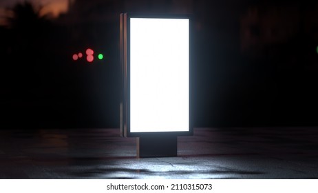 3D Render Of Lightbox At Night. White Light Screen Glowing In The Dark, Reflex On A Wet Street, Citylight Or Billboard 3D Rendering For Advertising Mock-up