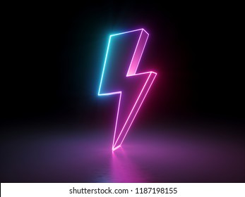 3d render, lightning, electric power symbol, retro neon glowing sign isolated on black background, ultraviolet light, electric lamp, speed metaphor, electricity icon, fluorescent element