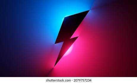 3 d de renderización, silueta negra con símbolo de relámpago iluminada con luz de neón azul rosado, signo de energía, concepto de potencia abstracta
