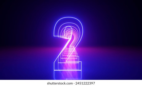 3d render, linear symbol, neon number two glowing in the dark with ultraviolet light, pink blue gradient laser ray