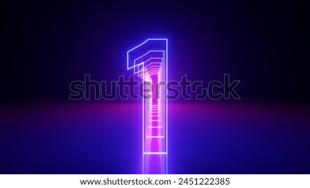 3d render, linear symbol, neon number one glowing in the dark with ultraviolet light, pink blue gradient laser ray