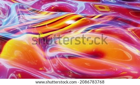 3d render. Liquid red yellow orange pattern like waves. 3D stylish abstract bg of wavy surface like brilliant liquid marble with beautiful gradient colors. Trendy colorful fluid