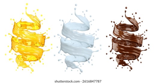 3d render of liquid splash yellow milk and chocolate isolated on white with clipping path