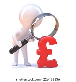 3d render of a little character looking at a UK Pounds Sterling currency symbol 