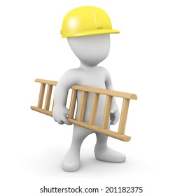 3d render of a little man in hard hat carrying a ladder