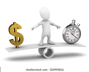 3d Render Of A Little Person On A See Saw With US Dollar Symbol And A Stopwatch