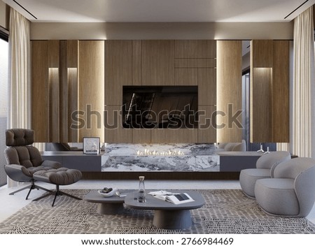 3D render of a living room featuring a large TV, a long marble steam fireplace, and wooden wall panels with integrated lighting.