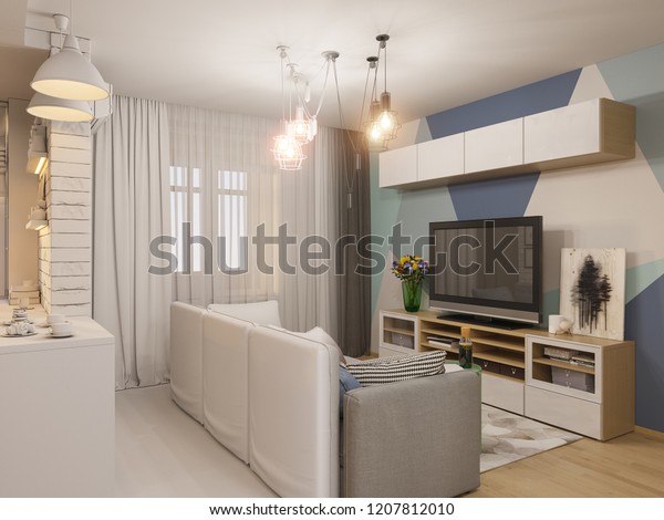 3d Render Living Room Kitchen Interior Stock Illustration 1207812010