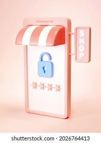 3d render of a lock and 4 star icons on pink mobile phone. Concept of one time password code for online shopping.