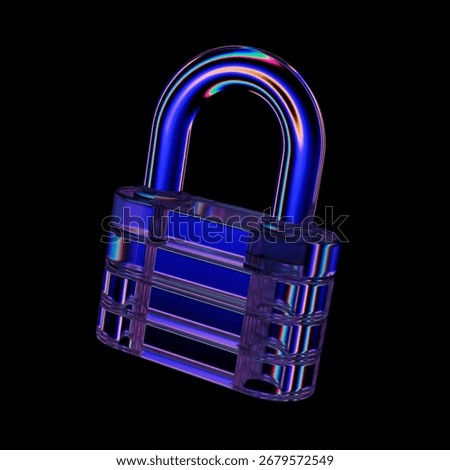3d render of Lock icon, made of glass with dispersion effect. Isolated on black.