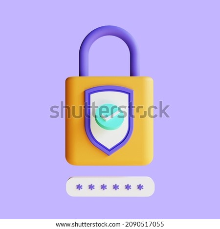 3d render lock and password concept, cyber security, data protection and secured internet access, isolated on purple background