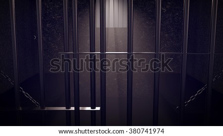 3D Render of locked prison cell for two persons. Dark atmosphere.