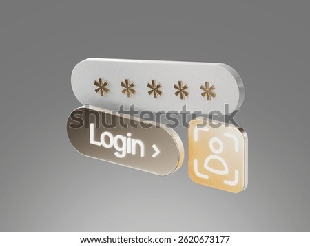 3D render of a login interface including password field, login button, and facial recognition icon, symbolizing user authentication and account access.