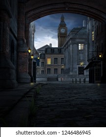 3D render of a London street scene at night with 19th century city buildings and Big Ben