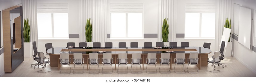 3d Render Of Long Conference Hall In Modern Style With Long Black Glass Table