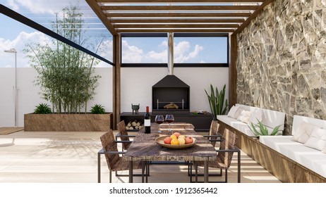 3D render of luxurious outdoor urban terrace with teak wood pergola and barbecue. Wooden table with fruit bowl and red wine next to stone wall.