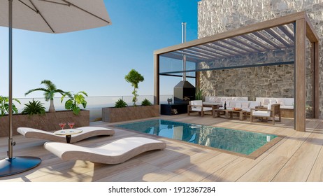 3D Render Of Luxury Contemporary Outdoor Wooden Patio With Swimming Pool.Deck Chairs With Umbrella And Fruit Cocktails Next To Water. Bioclimatic Pergola And Teak Wood Flooring. 