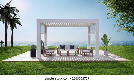3D render of luxury deck on grass plain with white bio climatic pergola. Cozy sofa set with coffee table, palm trees and relaxing sea view.