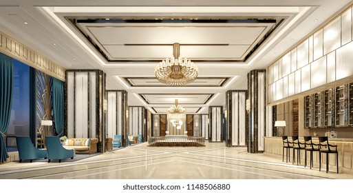 3d render luxury hotel entrance lobby