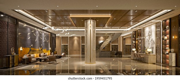 3d Render Of Luxury Hotel Reception Lobby Entrance Hall