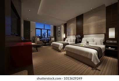 3d Render Of Luxury Hotel Room With Two Beds