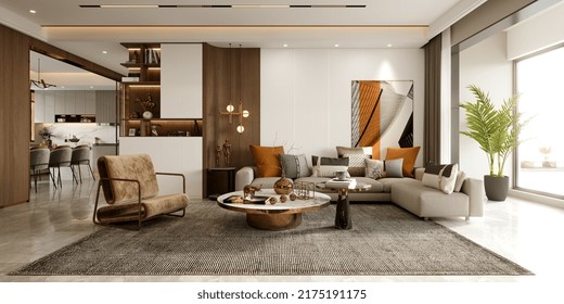 3d Render Of Luxury House Interior, Living Room