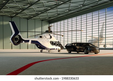 3d Render Of Luxury Limousine And Private Helicopter In White Background