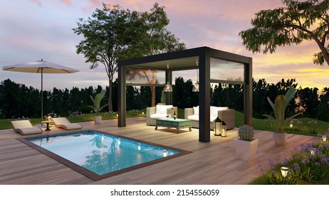 3D render of luxury side view outdoor garden with teak wooden deck and black pergola at dawn. Twilight scene with sofas and deck chairs next to the swimming pool.