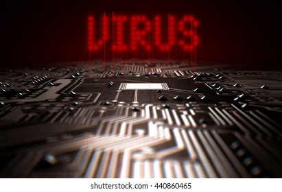 A 3D render of a macro view of a circuit board with red digital text projecting above it saying virus on a dark background