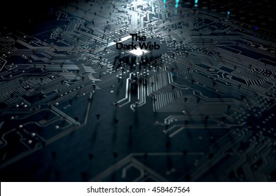 A 3D render of a macro view concept of a dimly lit circuit board with the word dark web and scattered black question marks on a dark background
