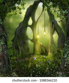 3d render of magical forest fairy lights in an enchanting forest
