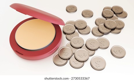 3D render of makeup compacts on a pile of gold coins. A sleek, minimalist visual for beauty budget tips, luxury reviews, or the economic impact of the cosmetics industry.