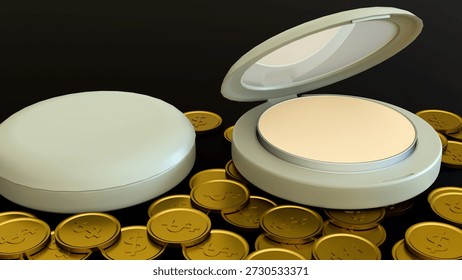3D render of makeup compacts on a pile of gold coins. A sleek, minimalist visual for beauty budget tips, luxury reviews, or the economic impact of the cosmetics industry.