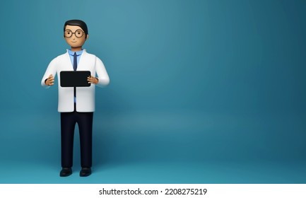 3D Render Of Male Doctor Holding Pad And Copy Space On Blue Background.
