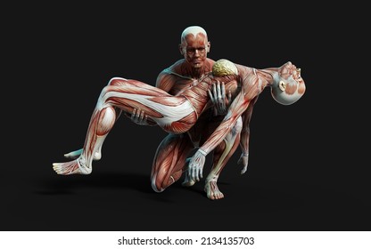 3D Render Of Male And Female Figures Pose With Skin And Muscle Map On Dark Background With Clipping Path.Project Of Relationship Concept.