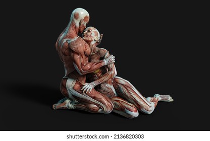 3D Render Of Male And Female Figures Pose With Skin And Muscle Map On Dark Background With Clipping Path.Project Of Relationship Concept.