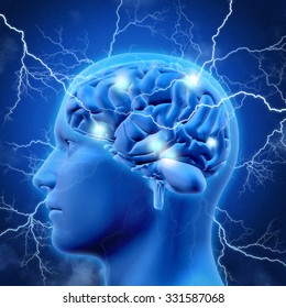 3D Render Of A Male Head And Brain With Lightening Bolts