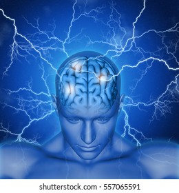 3D Render Of A Male Head And Brain With Lightening Bolts