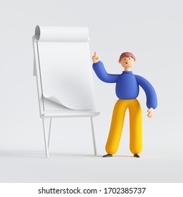 3d Render. Man Cartoon Character Standing Near The Presentation Board. Blank Business Mockup. Conference Speaker Concept. Clip Art Isolated On White Background